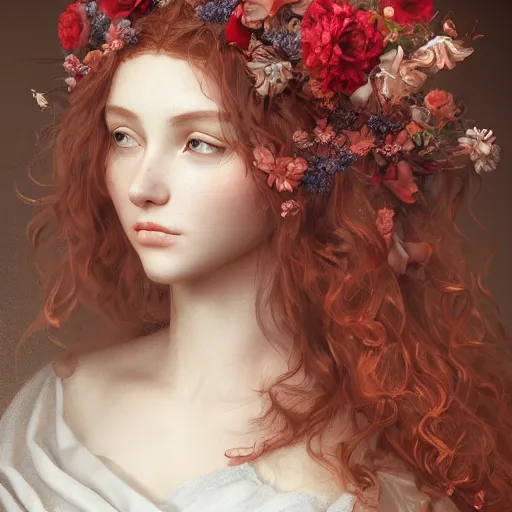 Prompt: princess portrait, adorned with flowers, dewy eyed, glossy features, symmeyric features, red wavy hair, fine art painting, renaissance style, fabric inspired details, hd, 3 d, octane render, 8 k