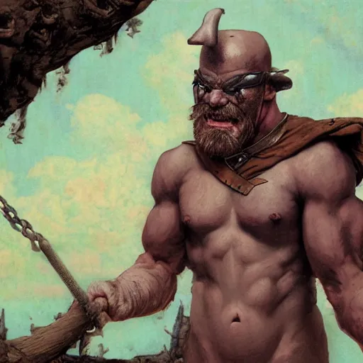 Prompt: grinning hybrid [ staffordshire terrier and man ] barbarian, fantasy warrior, drooling, rule of thirds, ultra detailed, 4 k, style of norman rockwell, style of richard corben.