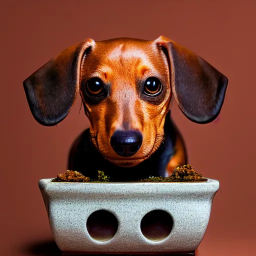 Image similar to Professional photograph of a deformed dachshund growing in a bonsai pot