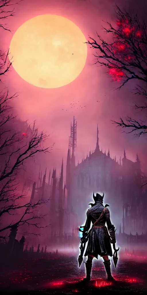 Image similar to abandoned bloodborne old valley with a person at the centre and a ruined city at the end, trees and stars in the background, falling red petals, epic red - orange moonlight, perfect lightning, illustration by niko delort and kentaro miura, 4 k, ultra realistic