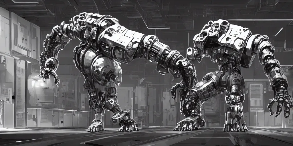 Prompt: parallax datacenter server room single mono colossus white rusty android robosaurus automaton in artstation
