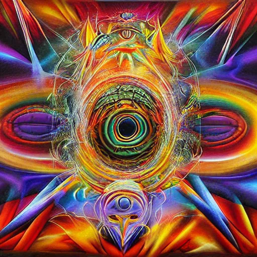 Prompt: confusion, the inability to decide, airbrush art, shamanic dmt horror art, by basuki abdullah
