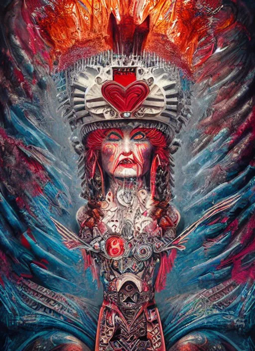 Image similar to queen of hearts, aztec god, highly detailed, cinematic, 8 k, by megan duncanson, benjamin lacombe, adrian borda, stanley artgermm, tom bagshaw, craig mullins, carne griffiths, ayami kojima, beksinski, giger, trending on deviantart, hyper detailed, horror, full of colour