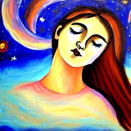 Image similar to beautiful ancient greek girl dreaming of galaxies, painting