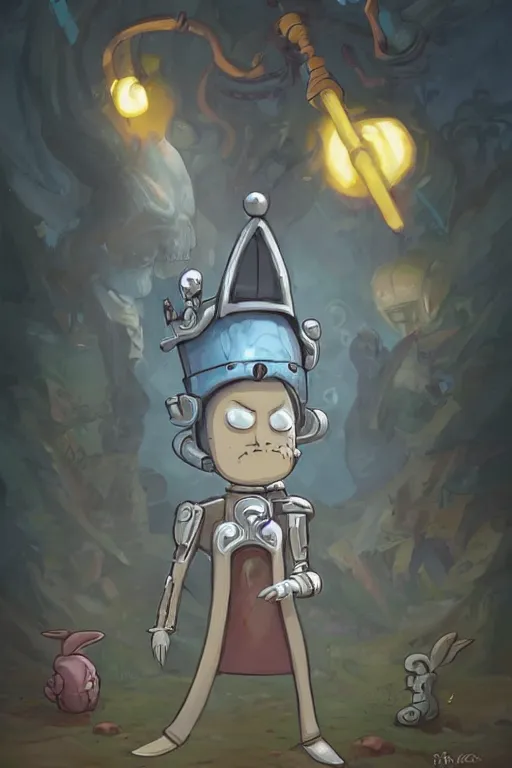 Image similar to cute little anthropomorphic Rick & Morty knight wearing a cape and a crown, tiny, small, miniature rabbit, short, pale blue armor, cute and adorable, pretty, beautiful, DnD character art portrait, matte fantasy painting, DeviantArt Artstation, by Jason Felix by Steve Argyle by Tyler Jacobson by Peter Mohrbacher, cinematic lighting