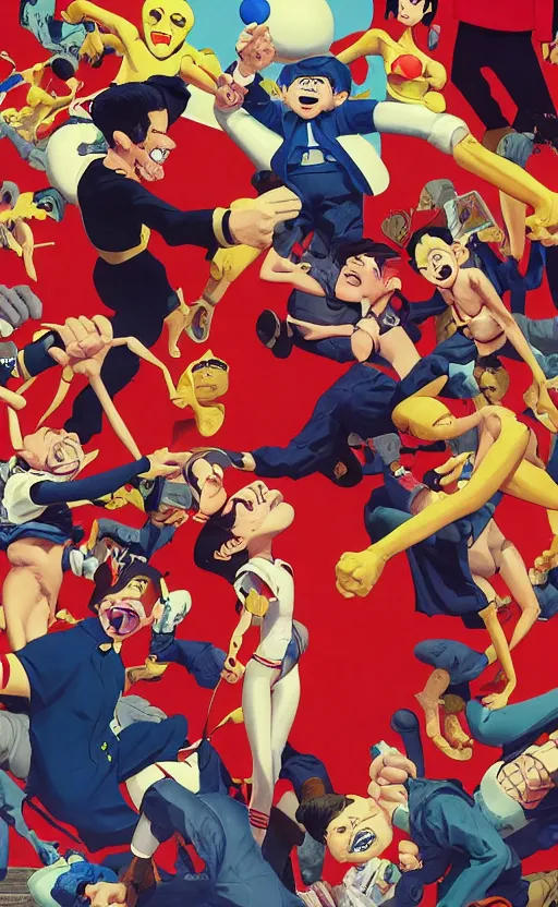 Image similar to magazine cover of a crash test dummy falling onto a family picnic, digital painting masterpiece, advanced lighting technology, stylized yet realistic anatomy and face, gorgeous, by reiq and jamie hewlett and bengus and akiman and shigenori soejima and bastien vives and balak and michael sanlaville, 4 k wallpaper, cinematic