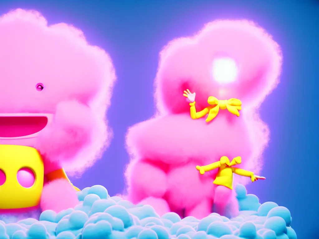 Image similar to realistic image of a light pink monster sitting on a simplistic pink fluffy cloud with yellow beams of light and a light blue background, children's tv show vintage kids channel 1 9 9 0 s 2 0 0 0 s