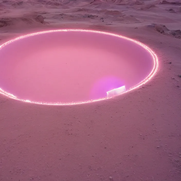 Image similar to a luminous pink and purple colored circular stargate in the dessert through which an ocean is visible