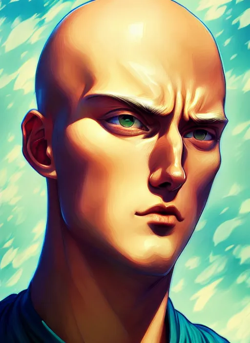 Image similar to handsome saitama, half body shot, path traced, action shot, highly detailed, high quality, digital painting, alena aenami, lilia alvarado, shinji aramaki, karol bak, alphonse mucha, tom bagshaw