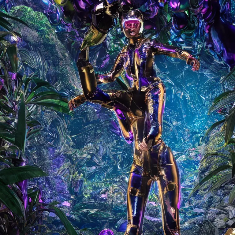 Prompt: octane render by wayne barlow and carlo crivelli and glenn fabry, a woman in a skintight shiny black spacesuit with intricate iridescent metal detailing, covered in bright colorful tropical alien flora inside a massive cavern, cinema 4 d, ray traced lighting, ultra - detailed, volumetric lighting, very short depth of field, bokeh