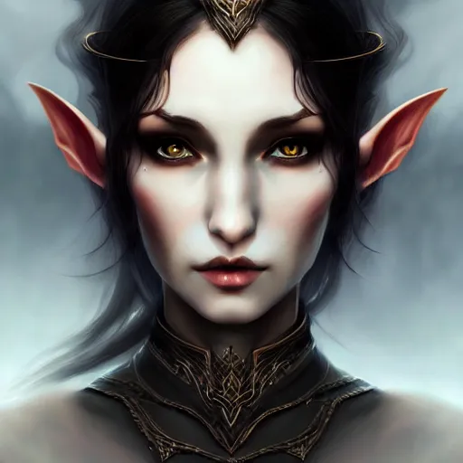 Image similar to Portrait of evil elvish girl, beautiful face, dark fantasy, intricate, elegant, highly detailed, digital painting, artstation, concept art, smooth, sharp focus, illustration, art by tran ross