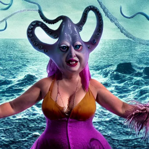 Image similar to Trump as Ursula the sea witch in Octopus form, 8k, professional photography, cinematic shot, dark, smoke