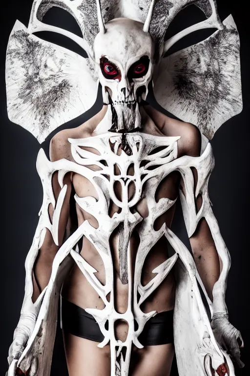 Image similar to a beautifull demon model, wearing organic bone armor, luxury materials, symmetrical, cinematic, elegant, professional studio light, real dlsr photography, sharp focus, 4 k, ultra hd, sense of awe, high fashion