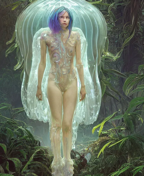 Image similar to opulent transparent clear see - through portrait of a terrifying beautiful male alien jellyfish robot, mottled coloring, adorable, childlike, overgrown biopunk jungle environment, ultra realistic, concept art, art nouveau, photorealistic, octane render, 8 k, unreal engine. art by christopher marley and artgerm and greg rutkowski and alphonse mucha