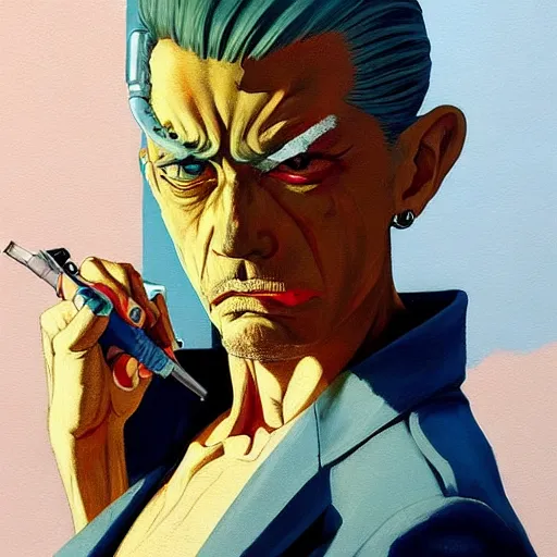 Prompt: Portrait of a mad general, very coherent, painted by Edward Hopper, painted by James Gilleard, airbrush, art by JamesJean || yakuza, tattoos, cute-fine-face, pretty face, realistic shaded Perfect face, fine details. Anime. realistic shaded lighting poster by Ilya Kuvshinov katsuhiro otomo ghost-in-the-shell, magali villeneuve, artgerm, Jeremy Lipkin and Michael Garmash and Rob Rey