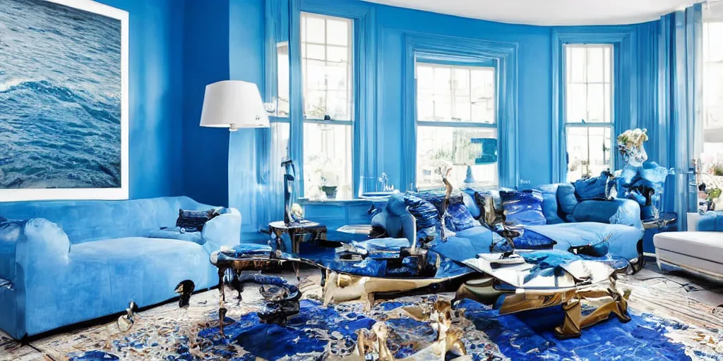 Image similar to ultra wide photo the ultimate essence of blue, a residential interior that's completely a solid bright blue on every surface and every item, blue personified, thick overflowing paint and poofy blue couches, really really really blue. a large photograph on the wall is a picture of blue ocean waves. blue, blue, more blue, photorealistic, hyperreal