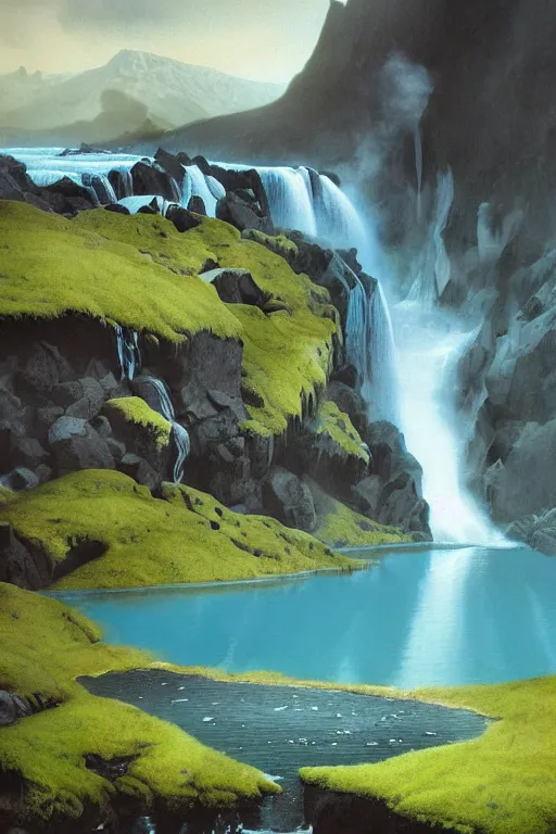 Image similar to painting of iceland landscape with a blue glacier lake and a waterfall, green moss and black rocks and black sand, a detailed matte painting by christophe vacher, matte painting, ultra detailed, matte drawing