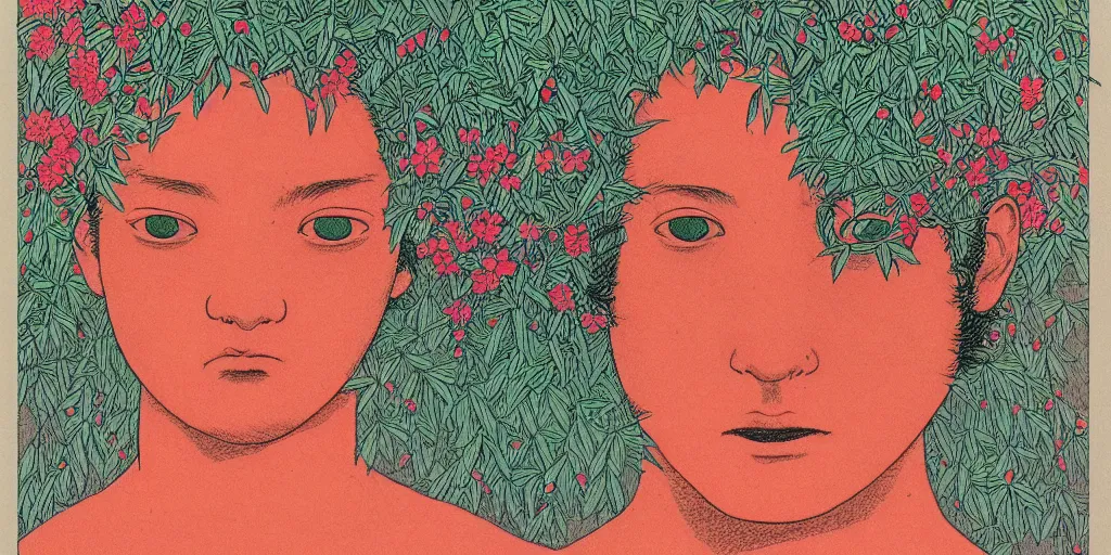 Prompt: risograph grainy drawing protagonist face, pastel colors, with huge piersing, face covered with plants and flowers, by moebius and satisho kon, close - up portrait, perfect blue, paprika