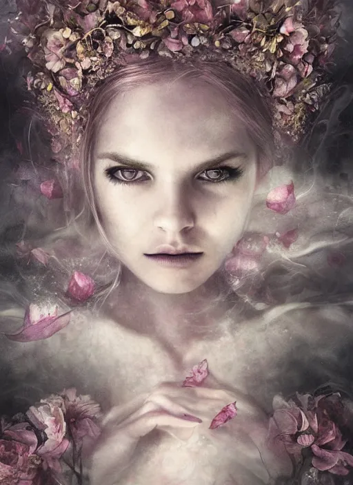 Prompt: a gorgeous flower princess portrait by Seb McKinnon, artgerm , studio photography, ultra realistic, mystical, ominous, cgsociety