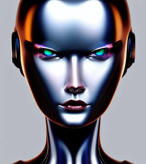 Prompt: portrait of female chrome robot by hagime sorayama realistic, professionally, professionally color graded, intricate, elegant, highly detailed, centered, digital painting, artstation, concept art, smooth, sharp focus, illustration,