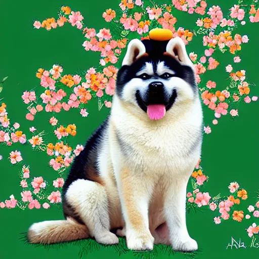 Image similar to An akita inu with a crown made of orange blossom flowers, in front of cherry blossom trees, digital art