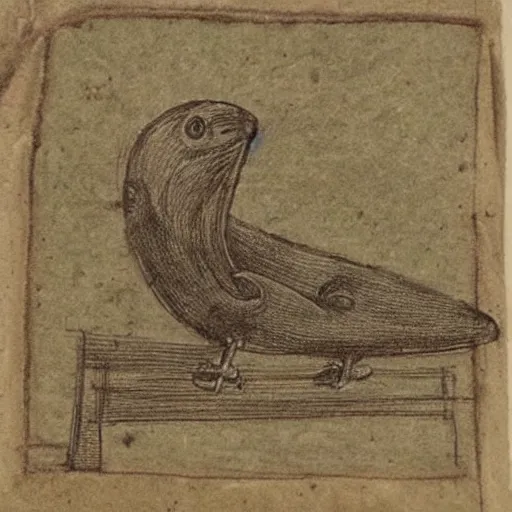 Prompt: medieval sketch of an exhausted anthropomorphic bird resting