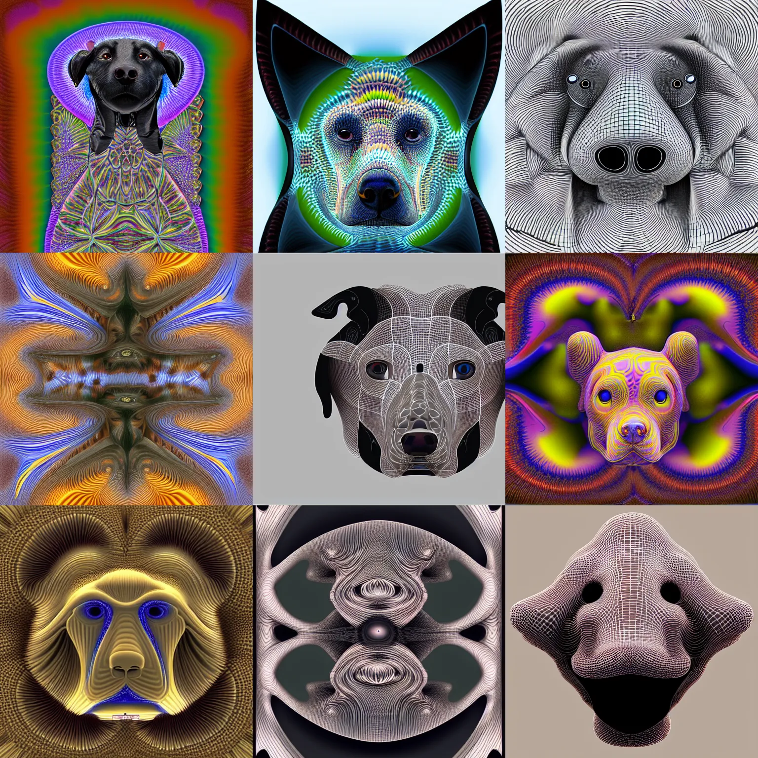 Prompt: symmetrical mandelbulb in the shape of a dog, 3 d fractal, award winning, trending, designed by alex grey