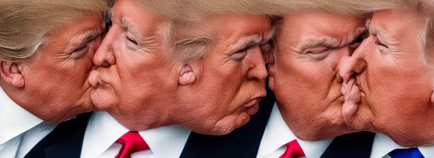 Image similar to beautiful high quality romantic portrait photo of donald trump kissing donald trump. hq. hdr. golden hour. donald trump and donald trump kissing on the lips. very high resolution. amazing lighting.