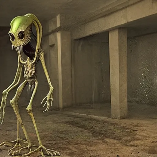 Prompt: a tripod macabre alien creature found in an abandoned basement, wet fungus dripping from the alien, amazing cgi