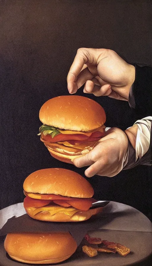 Image similar to hyperrealistic still life painting of a Trump holding a McDonalds burger, by Caravaggio, botanical print