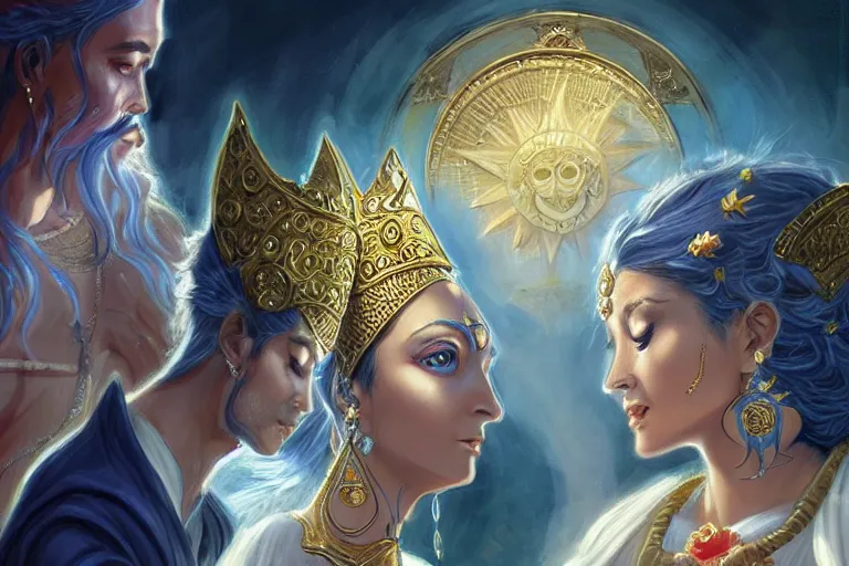 Image similar to close up moment of a divine a sun god and a moon goddess lovers magician at a wedding banquet, highly detailed, d & d, fantasy, highly detailed, digital painting, trending on artstation, concept art, sharp focus, illustration, art by artgerm and greg rutkowski and magali villeneuve