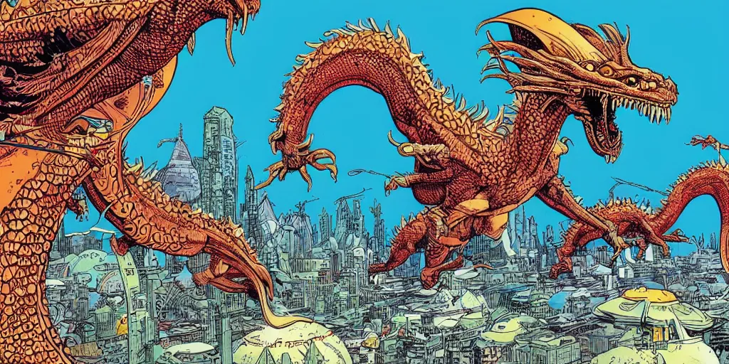 Prompt: an alien dragon flying in outer space, style of Geof Darrow