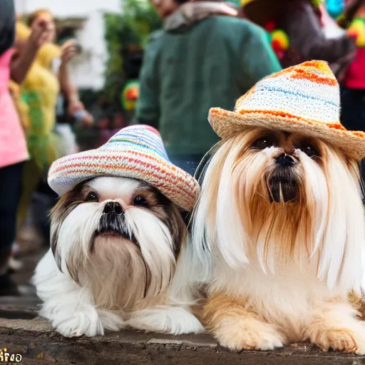 Image similar to a cream-colored Havanese and shih tzu wearing a knitted cinco de mayo ponchos and knitted hats at a fiesta in Mexico, Leica 35mm, 4K