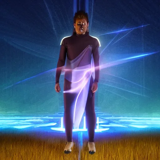 Image similar to A Samoan in futuristic clothing standing on a translucent podium in the middle of a vast field at night.