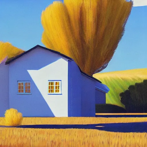 Image similar to dreaming futuristic rural landscape with modern houses, painted by Alex Katz and Edward Hopper, airbrush, highly detailed