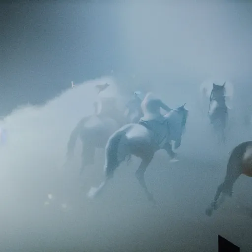 Prompt: wide angle shot from above, misty volumetric muted/dim neon color smoke wisps waft on convection current of air through a low energy cluttered parlor and coalesce on the floor into the vague translucent outline of a horse crossing the finish line.