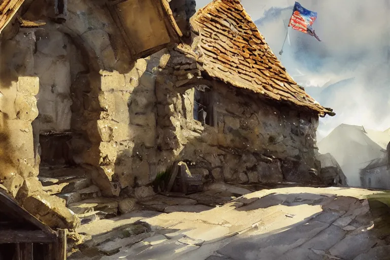 Image similar to paint brush strokes, abstract watercolor painting of village, within castle stone wall, medieval straw roof, scandinavian viking age, ambient lighting, art by hans dahl, by jesper ejsing, art by anders zorn, wonderful masterpiece by greg rutkowski, cinematic light, american romanticism by greg manchess, creation by tyler edlin