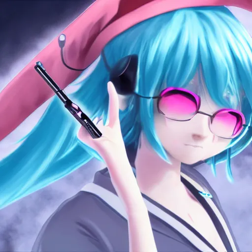 Image similar to hatsune miku smoking weed with a vape pen, smoke coming out of her mouth, bloodshot eyes, artstation, 4 k