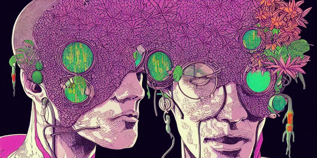 Image similar to risograph grainy drawing futuristic sci - fi antagonist face wearing earrings, photorealistic colors, face covered with plants and flowers, by moebius and satoshi kon and dirk dzimirsky close - up portrait, hyperrealistic