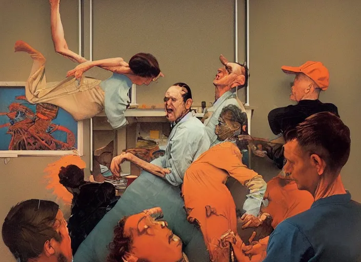 Image similar to a still from the movie one flew over the cuckoo's nest by francis bacon and norman rockwell and james jean, and mark brooks, triadic color scheme, by greg rutkowski, syd mead and edward hopper and norman rockwell and beksinski, dark surrealism, orange and turquoise