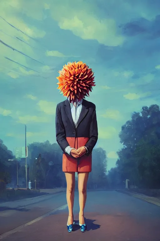 Image similar to closeup giant dahlia flower head, girl in a suit, street, surreal photography, blue sky, sunrise, dramatic light, impressionist painting, digital painting, artstation, simon stalenhag