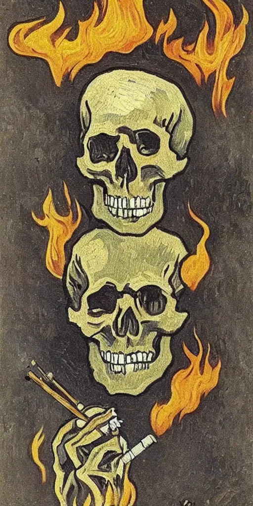 Prompt: Skull of a Skeleton with a Burning Cigarette by vincent van gogh