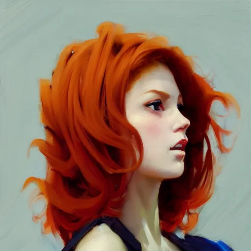 Image similar to greg manchess close up portrait painting of redhead beauty as manga character, medium shot, asymmetrical, profile picture, organic painting, sunny day, matte painting, bold shapes, hard edges, street art, trending on artstation, by huang guangjian and gil elvgren and sachin teng