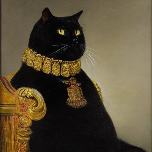 Prompt: oil painting of a fat totally black cat as emperor napoleon, intricate, by Rembrandt van Rijn