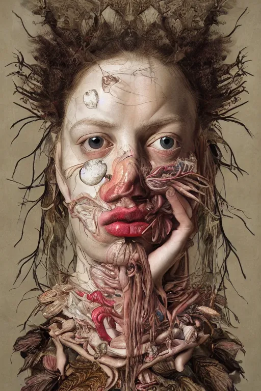 Prompt: Detailed maximalist portrait with large lips and eyes, scared expression, botanical anatomy, HD mixed media, 3D collage, highly detailed and intricate, surreal, in the style of Jenny Saville, dark art, baroque, centred in image, rendered in octane