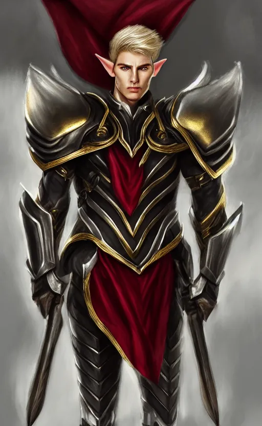 Image similar to A medium shot portrait of a male elf, he is about 20 years old, attractive, lean but muscular, serious composure, short silver hair, prideful look, he is wearing black heavy armor with gold plating and a red cape, highly detailed portrait, digital painting, ArtStation, concept art, smooth, sharp focus illustration, ArtStation HQ