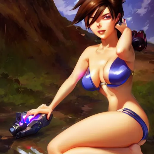 Prompt: pinup anime art of tracer overwatch, seductive bikini by greg rutkowski, gil elvgren, artgerm, enoch bolles, glossy skin, pearlescent, anime, very coherent, flat, ecchi anime style