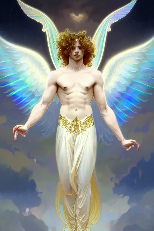 Prompt: fullbody portrait of a beautiful young fit male angel with curly blond hairs, dressed with long fluent clothes, majestic symmetrical big wings, luminous halo, by greg rutkowski and alphonse mucha, gradient white to gold, in front of an iridescent background, highly detailed portrait, digital painting, artstation, concept art, smooth, sharp focus illustration