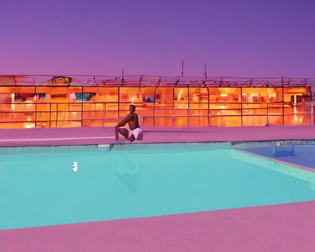 Prompt: a man standing next to a swimming pool outside a motel with a neon sign in the desert at night, in the style of hiroshi nagai