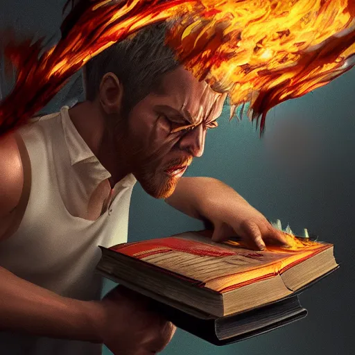 Image similar to digital artwork of angry reader using a flametorch against a book, action, intense, hyperdetailed, artstation, cgsociety, 8k